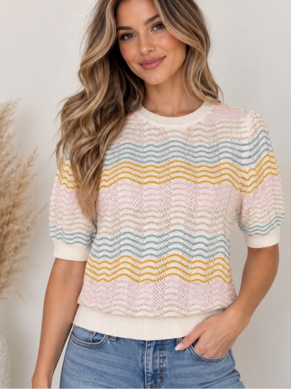 Loft Pointelle Pastel Cream Wave Crewneck Knit Sweater Stripes Large